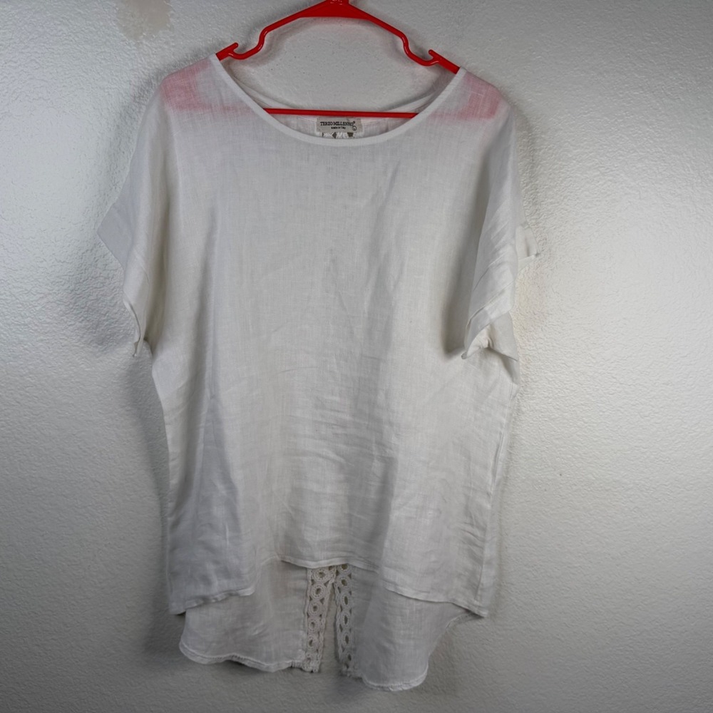 Terzo Millennio Women's Top White Sz L Linen Italy Crochet Coastal Boho Beachy